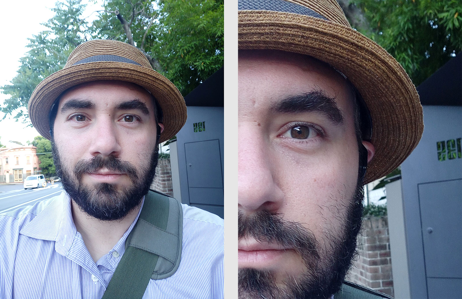 The selfie camera is probably the better of the two, with the left being the full image and the right being the 100 percent crop.