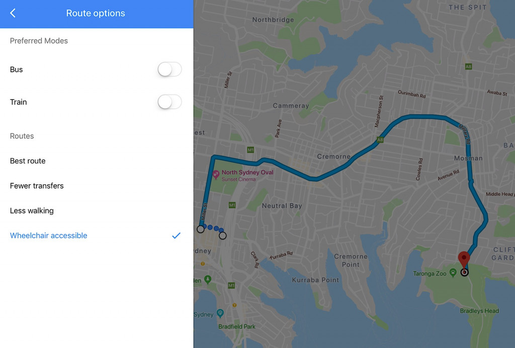 Wheelchair accessible routes in Google Maps (iPad version)
