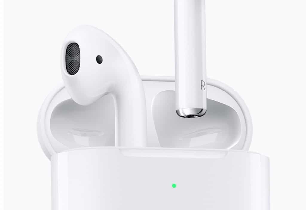 Apple's 2019 AirPods, updated with improved talk time battery life, Siri integration, and an optional wireless charging case