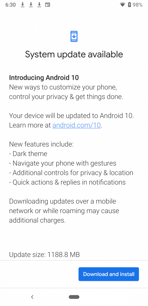 Android 10 update on the Pixel 3a