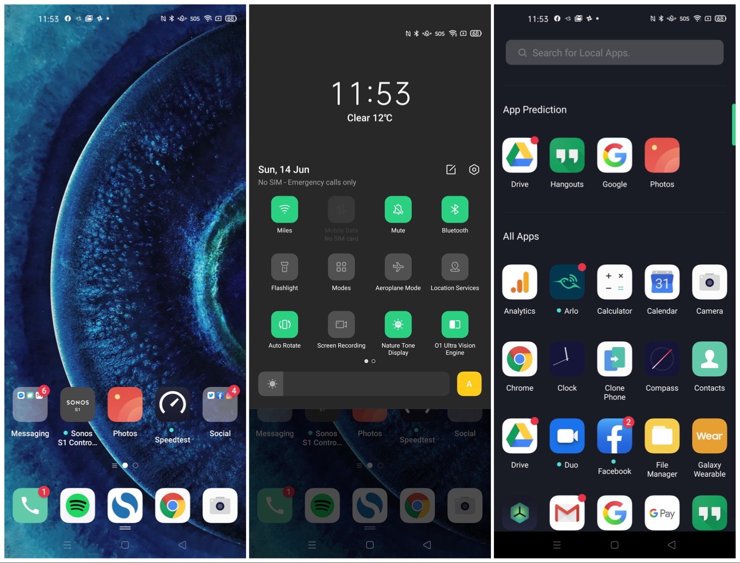 Home screen and dropdown menu on Color OS 7.1