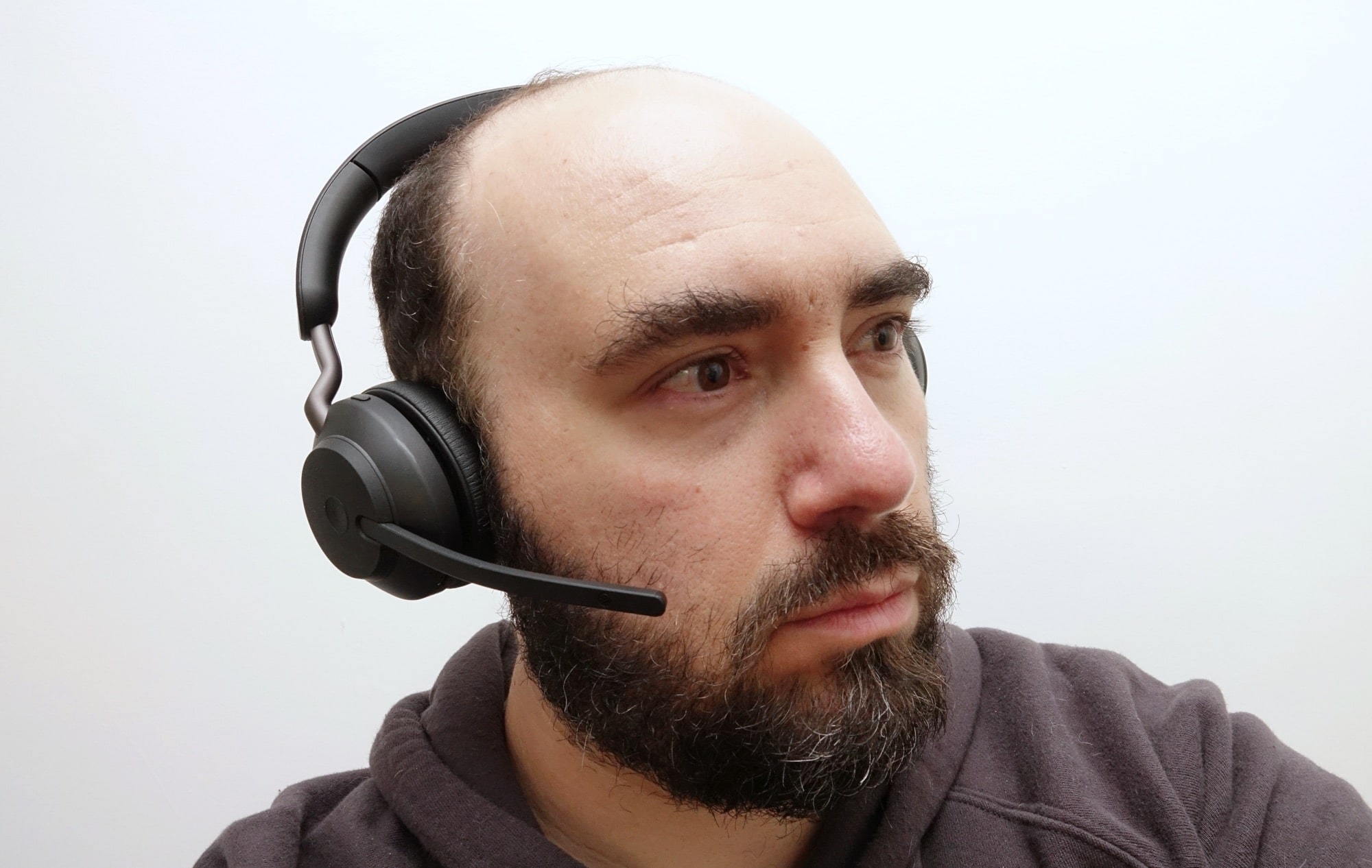 Wearing the Jabra Evolve2 65 wireless headphones