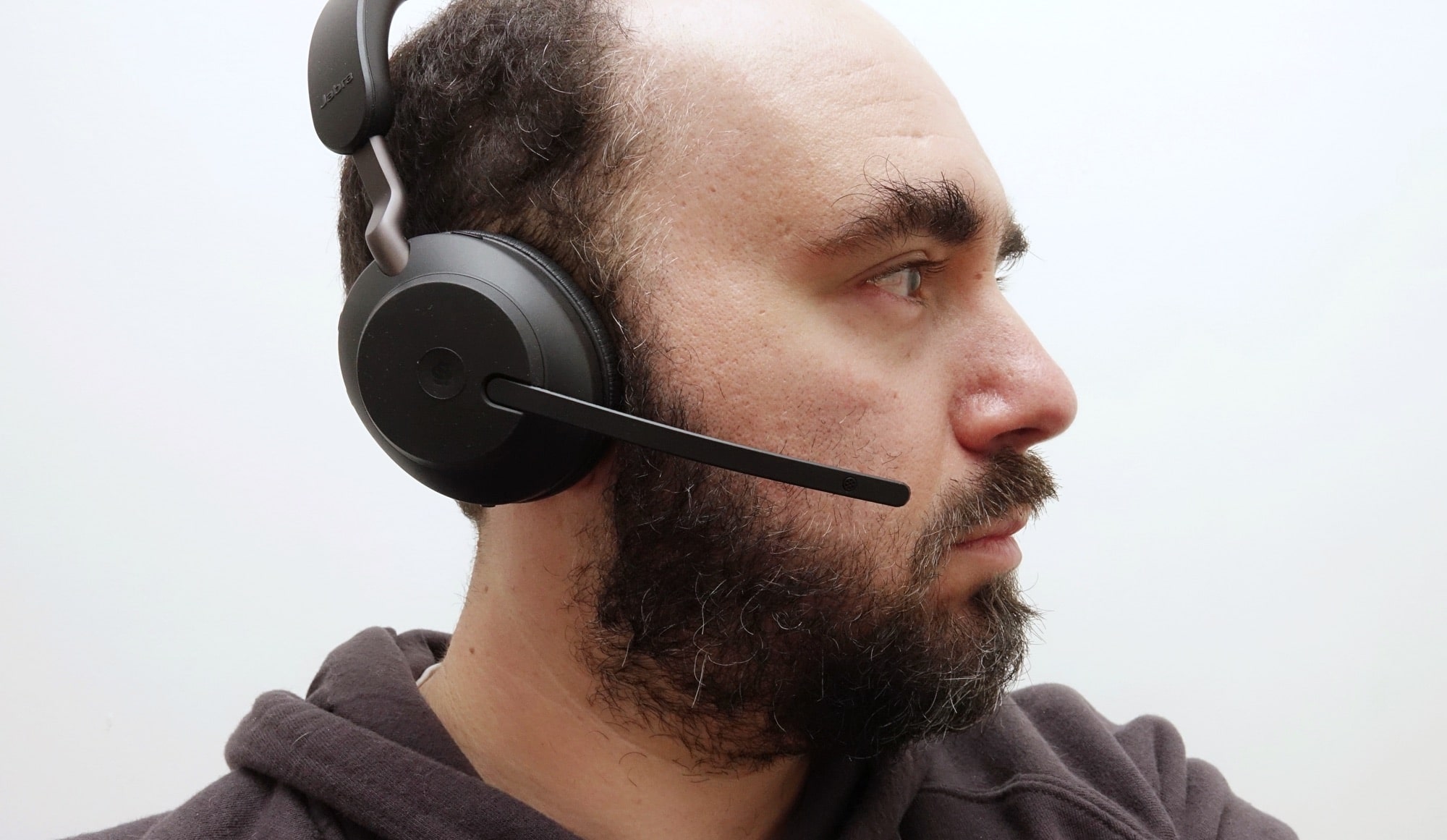 Wearing the Jabra Evolve2 65 wireless headphones