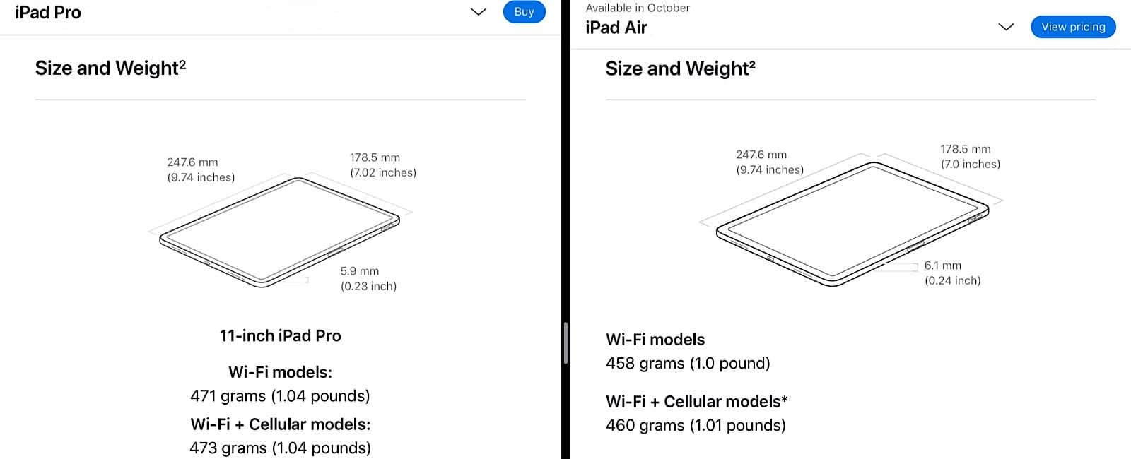 Apple's 2020 11 inch iPad Pro vs the 2020 iPad Air, from Apple's own site.