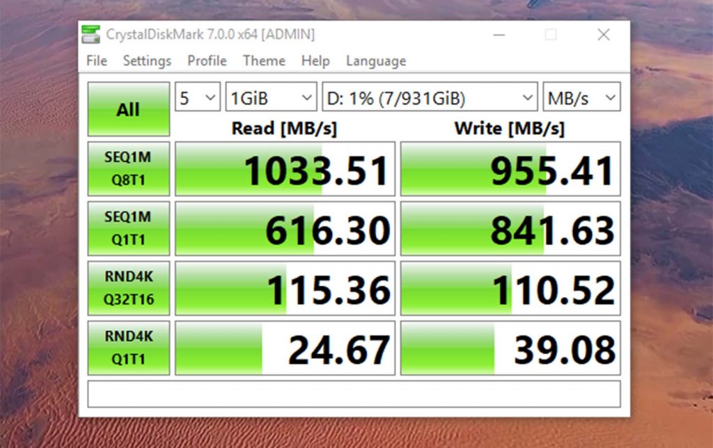 Crystal Disk on the 2020 WD My Passport SSD