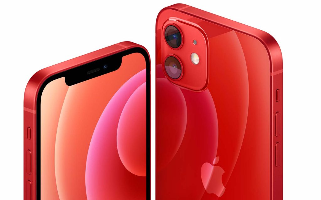 The iPhone 12 Mini (left) next to the back of the iPhone 12 (right).