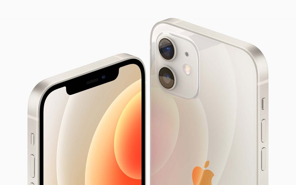 The iPhone 12 Mini (left) next to the back of the iPhone 12 (right).