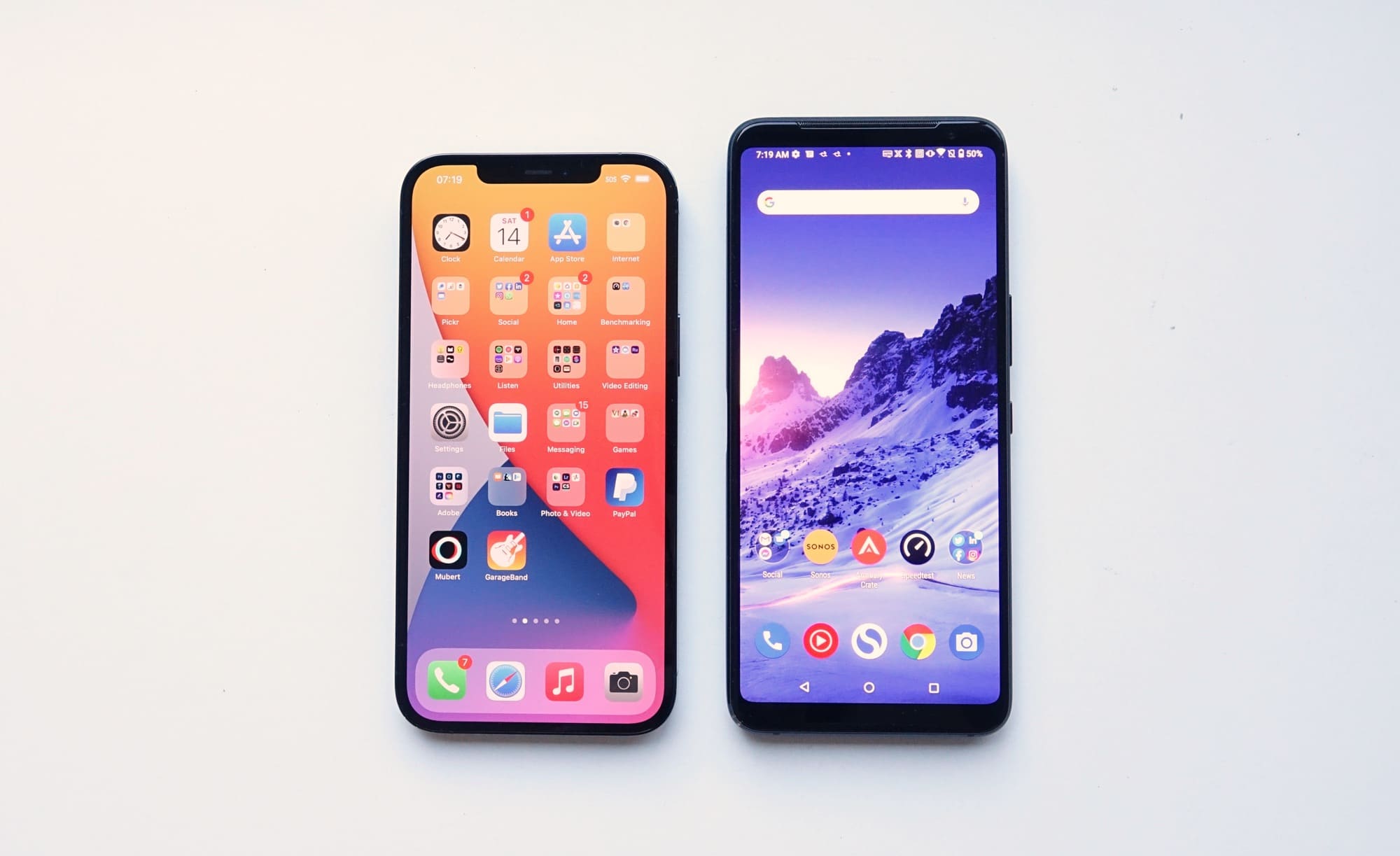 Big phones compared: Apple iPhone 12 Pro Max (left) vs Asus ROG Phone 3 (right)