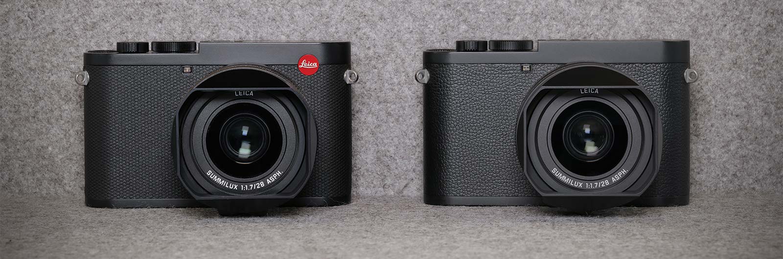 The Leica Q2 (left) next to the Leica Q2 Monochrom (right).