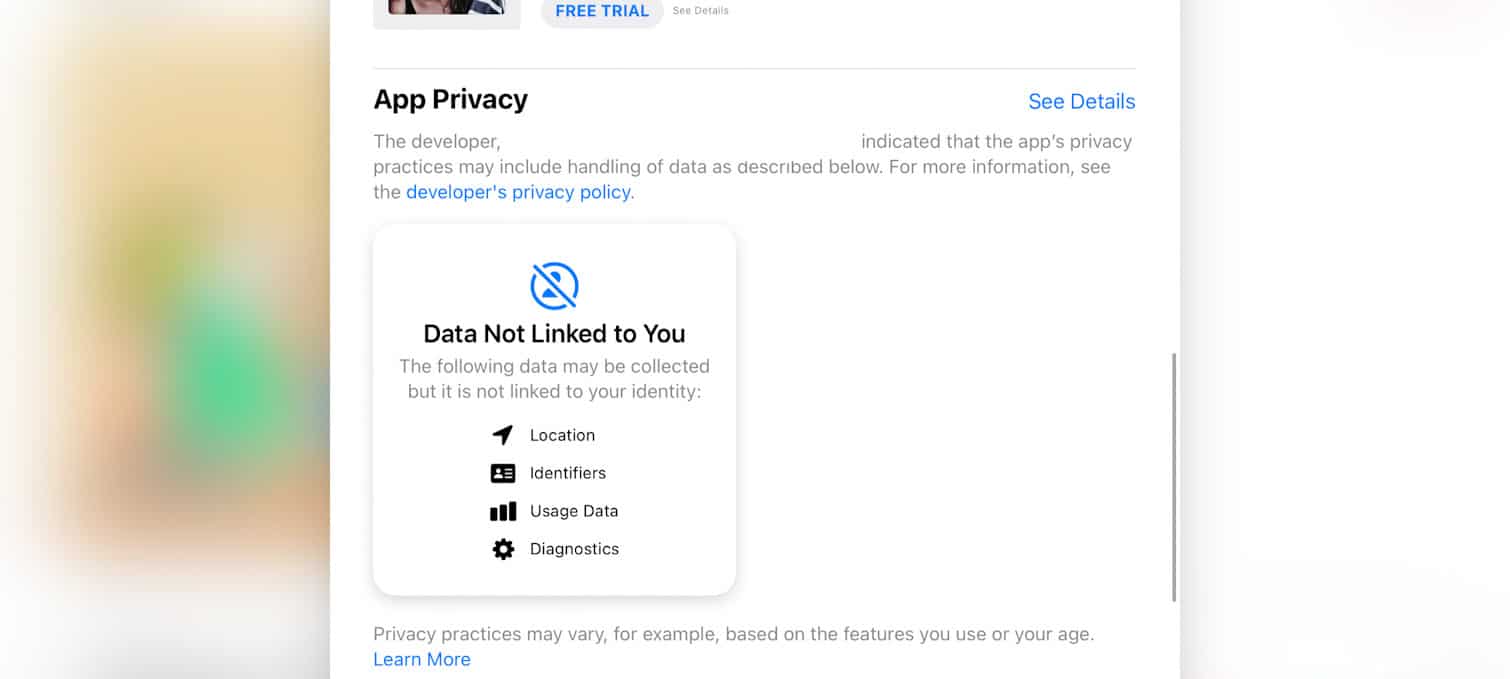 App Store privacy information example