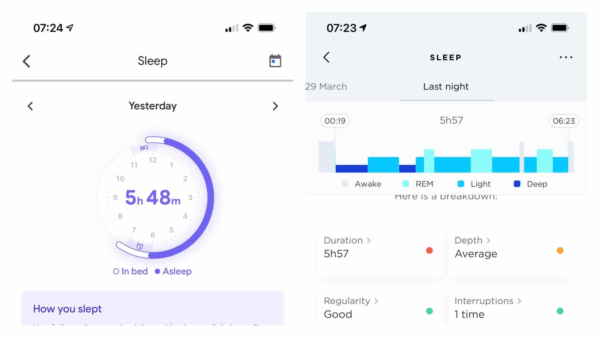 Google Fit's sleep data from the Nest Hub (left) versus what the Withings Sleep Analyser (right) was tracking for the same night.