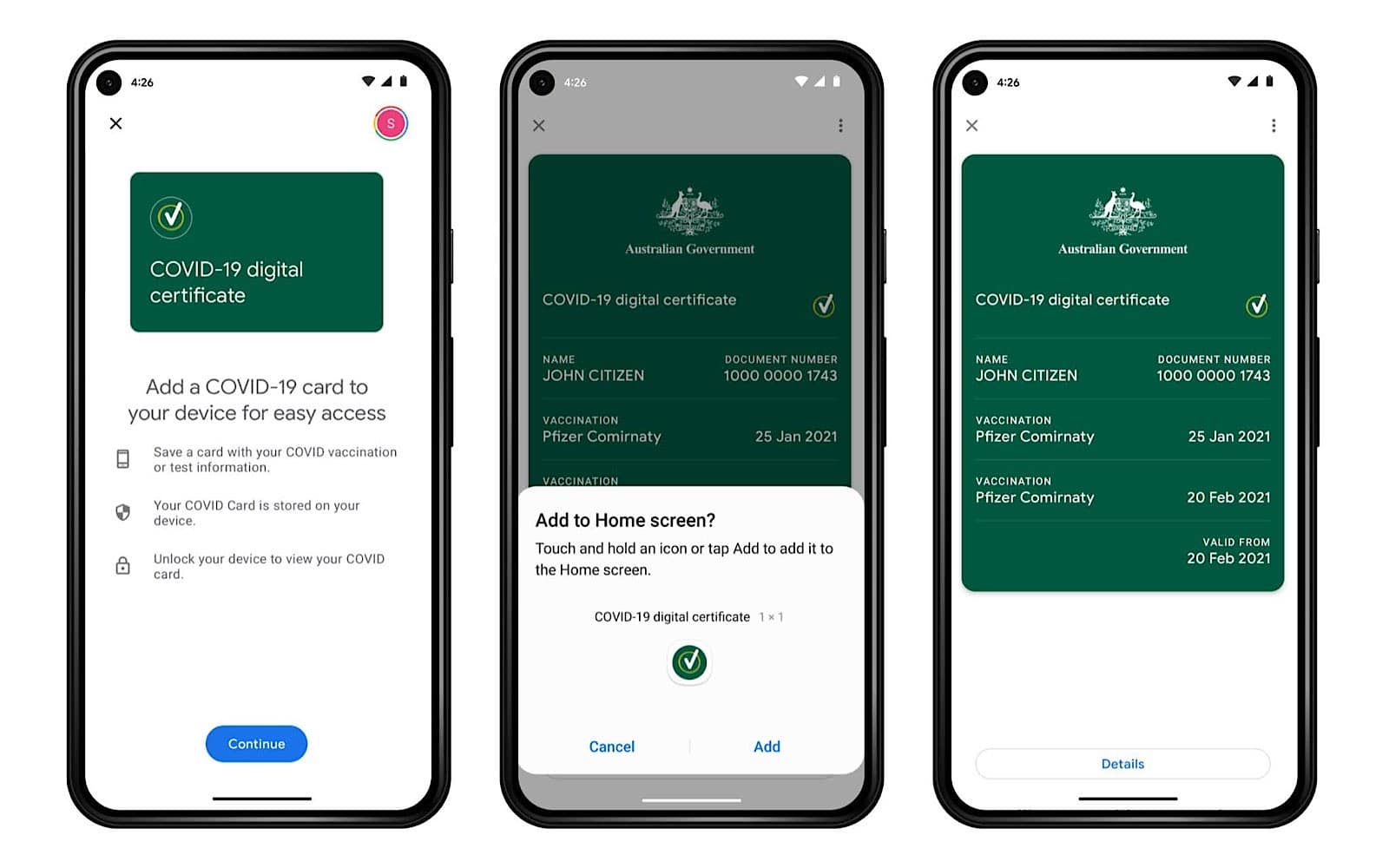 Vaccine status information on an Android phone