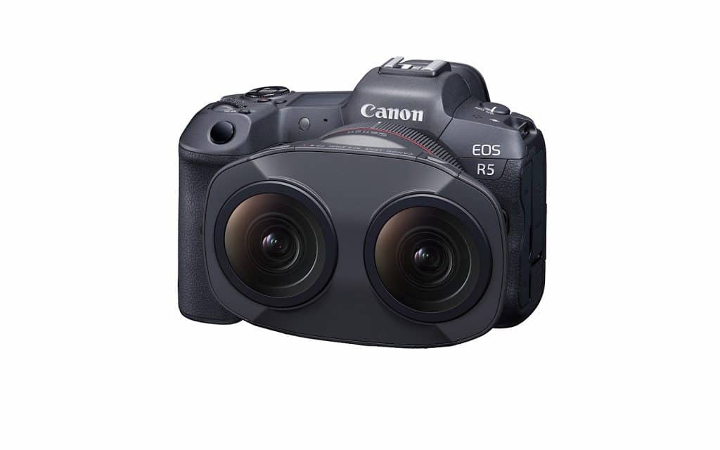 Canon's RF 5.2mm F2.8 dual fisheye lens for VR filmmaking mounted to the 8K EOS R5.