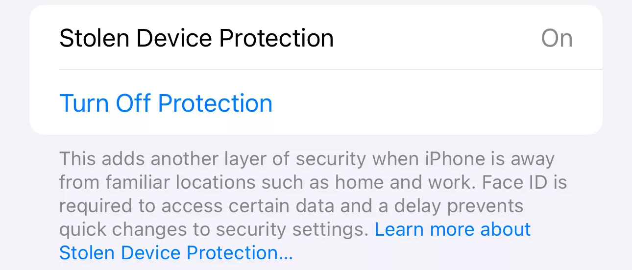 Stolen Device Protection on iOs 17.3
