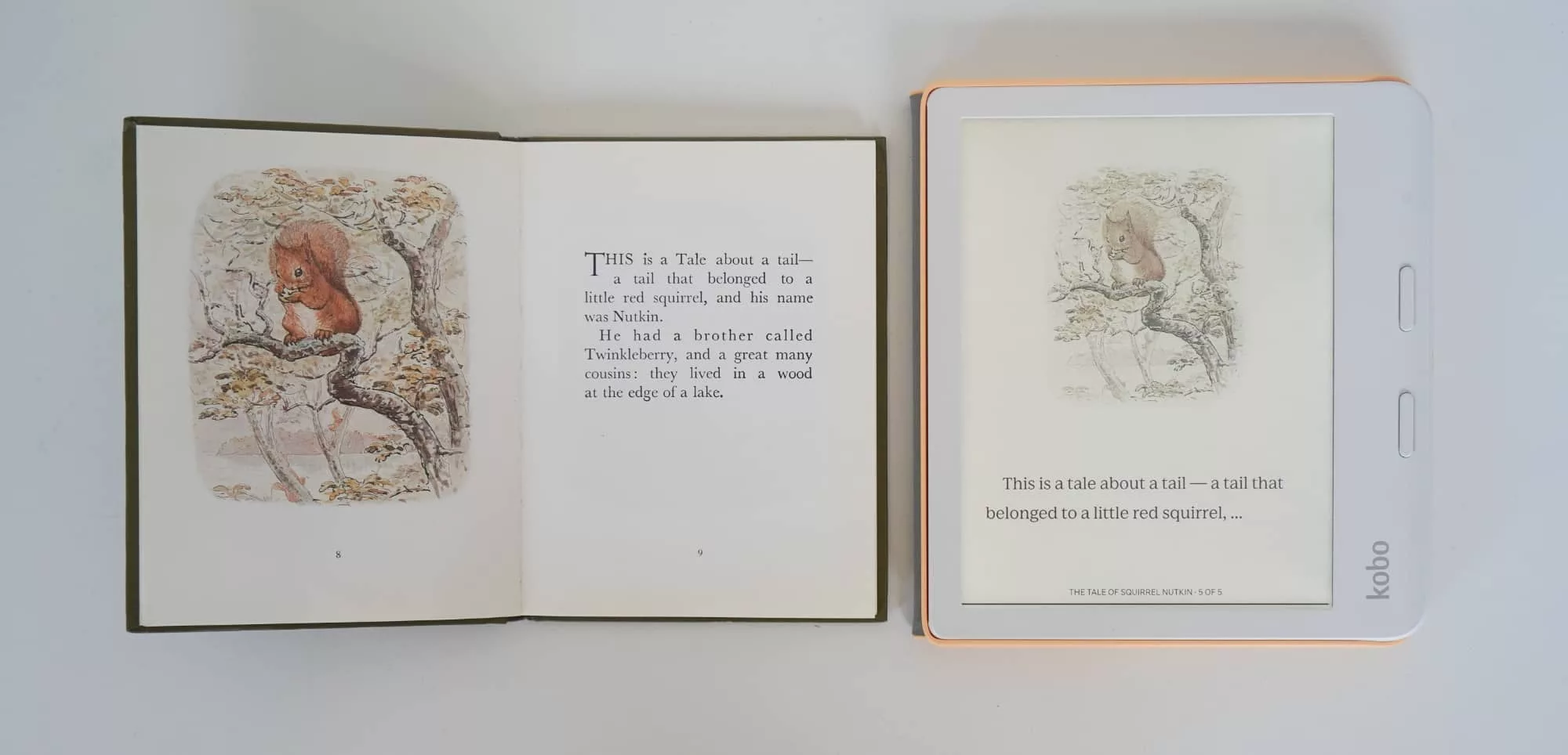 A comparison between a printed kids book and the same title on the Kobo Libra Colour. 