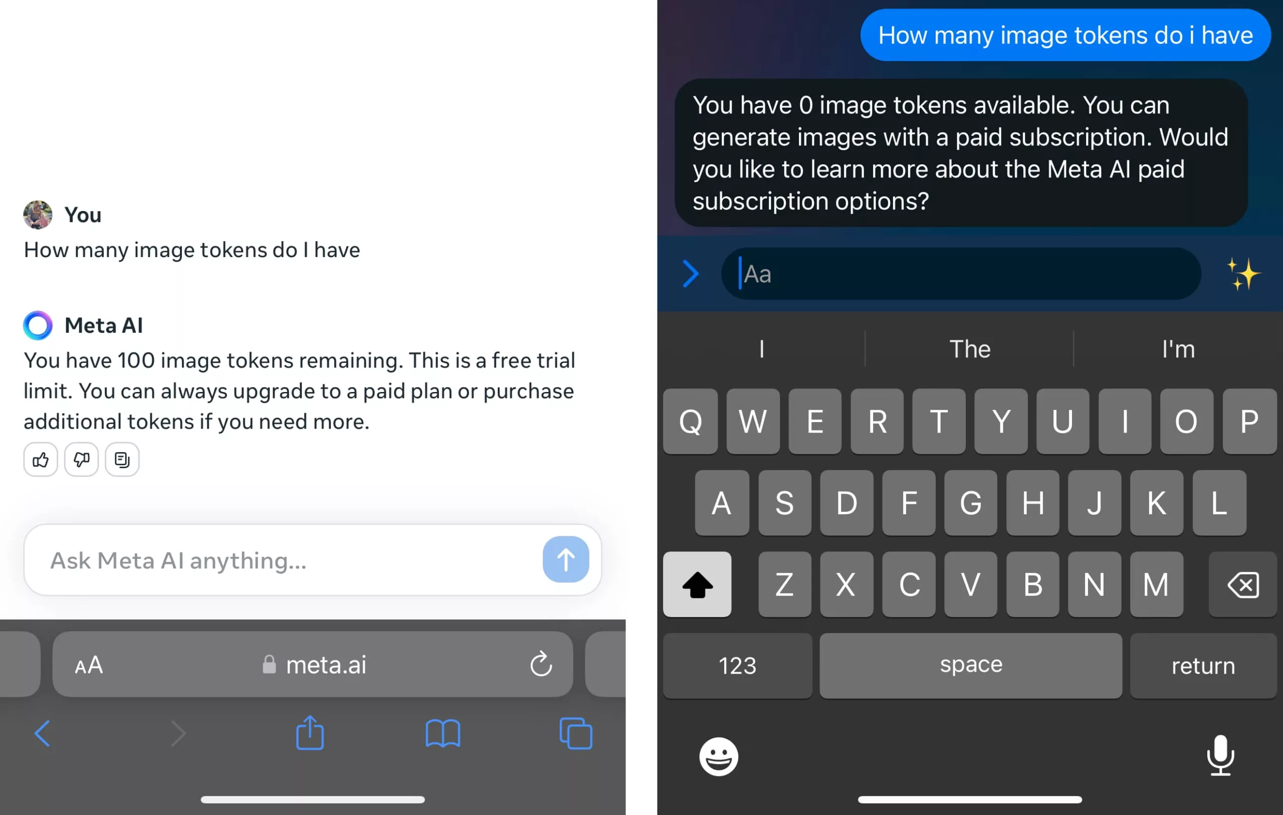 Meta AI on web browser shows a different image token amount compared to Meta AI on Messenger... at the same time.
