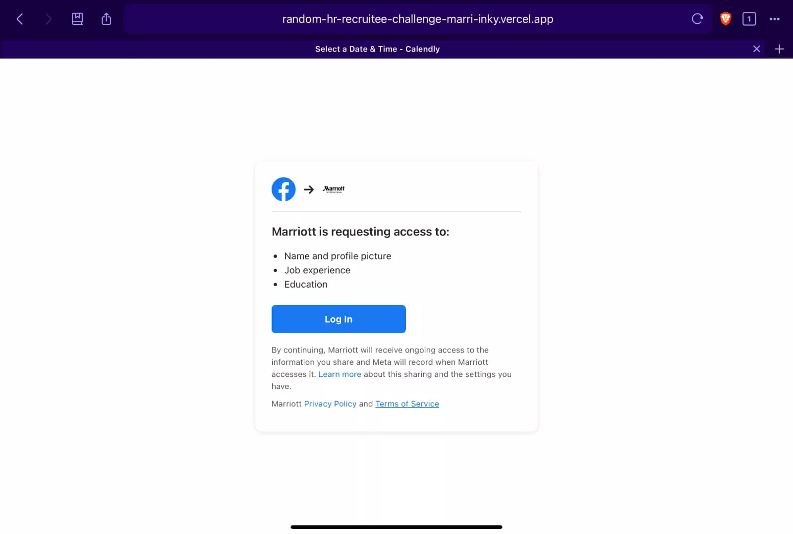 Fake Facebook login for a job scam