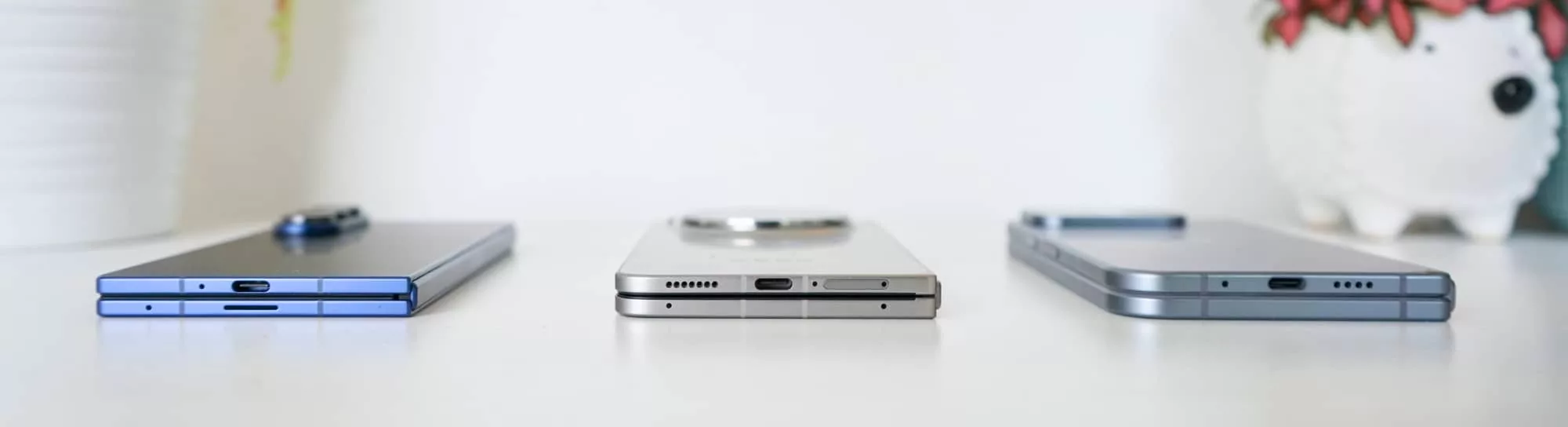The difference between the Samsung Galaxy Z Fold 7 (left), Oppo Find N6 (middle), and Google Pixel 10 Pro Fold (right).