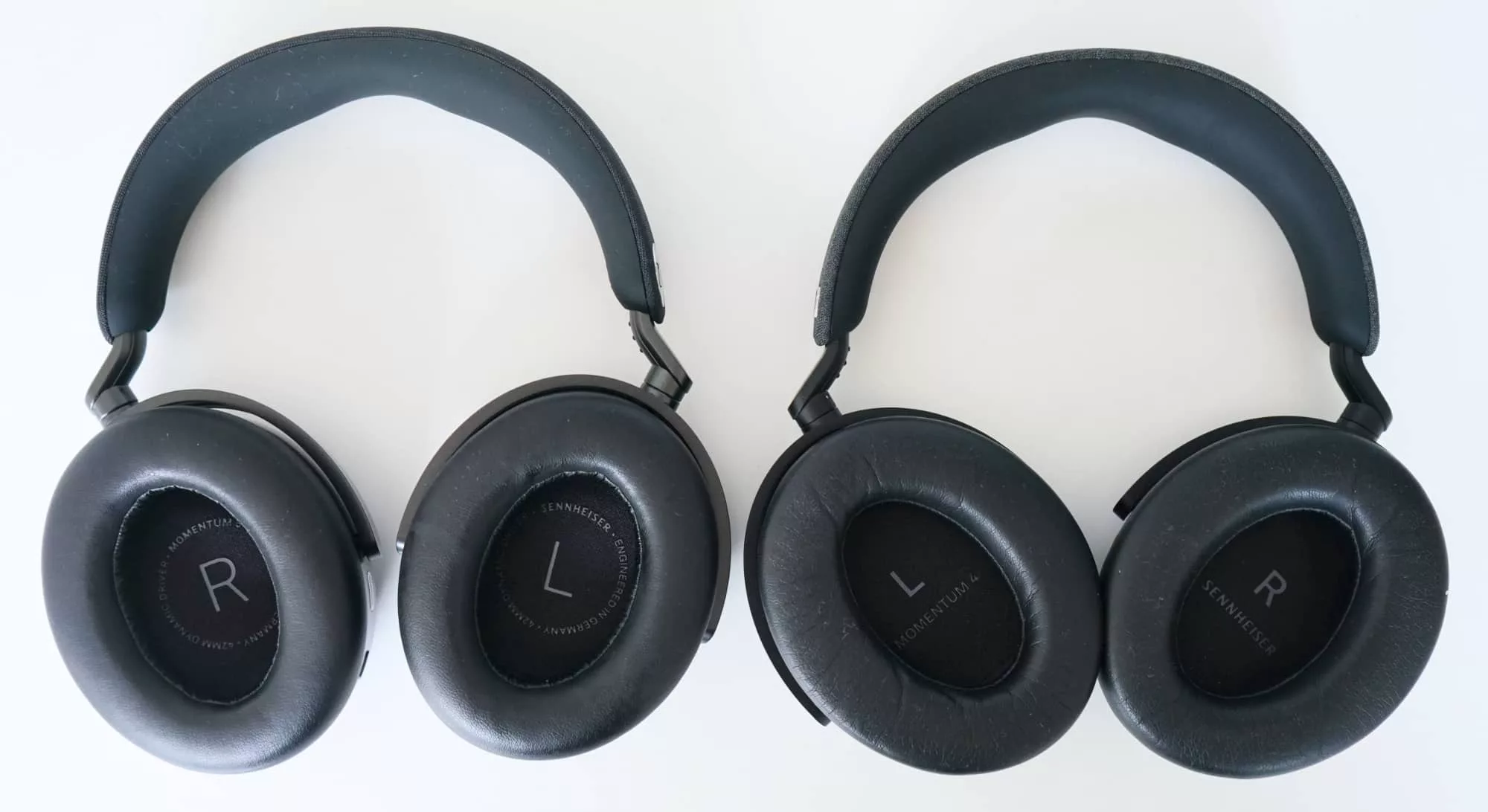 Sennheiser Momentum 5 (left) next to the Sennheiser Momentum 4 (right). The angle of the cans is different between them. 