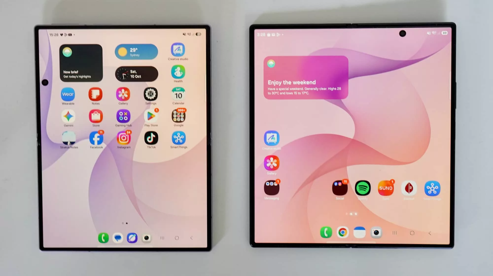 A difference in screen size shows the Fold 8 (left) may have a more useful aspect ratio than the Fold 8 Ultra (right).